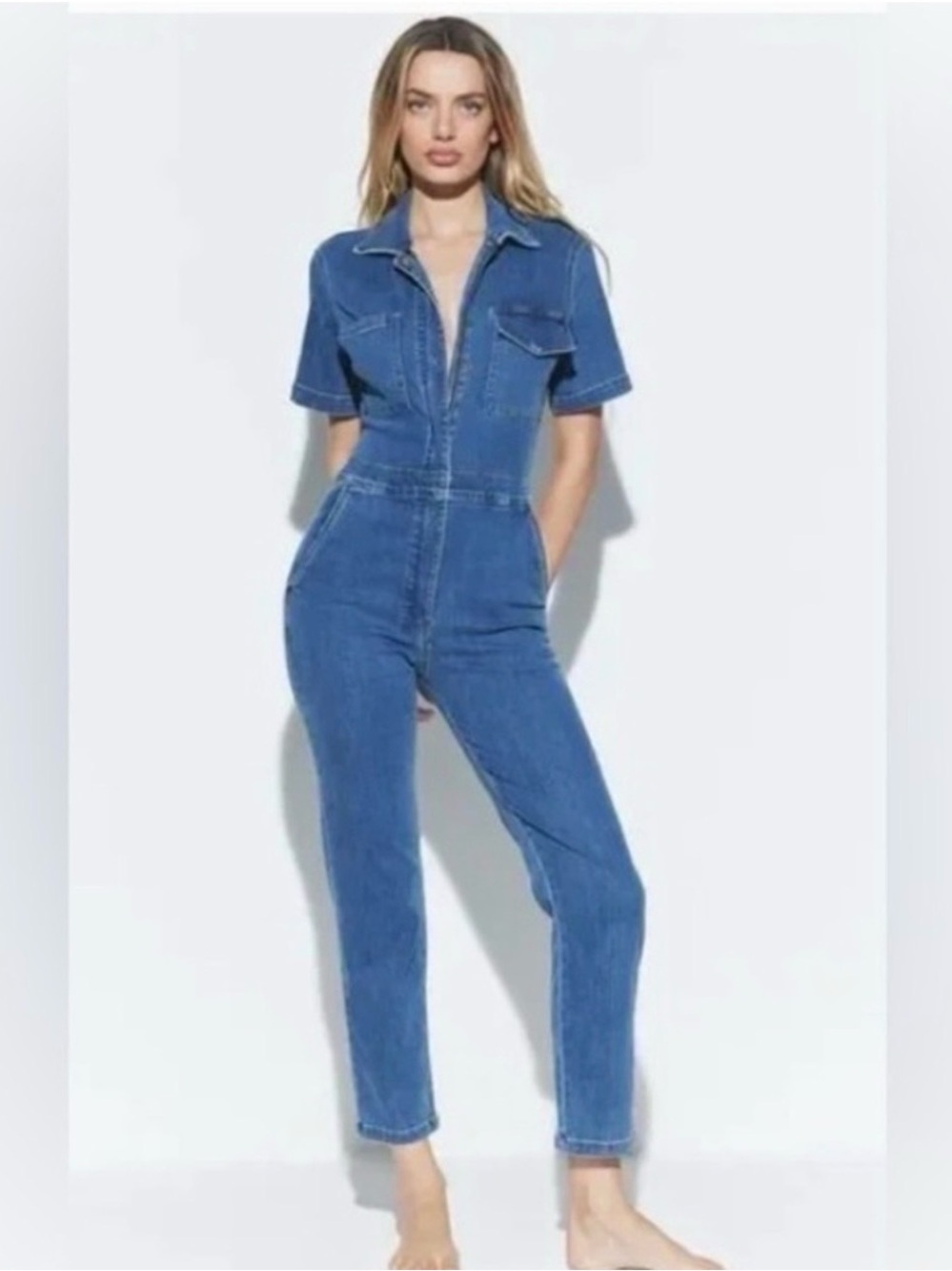 Rivet.Utility Rebel Light Wash Denim Utility Jumpsuit Size Small